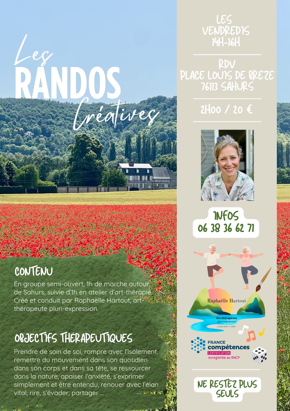 Affiche des Randos Créatives : champ de coquelicots à Sahurs, les vendredis 14h-16h, 2 h pour 20 €