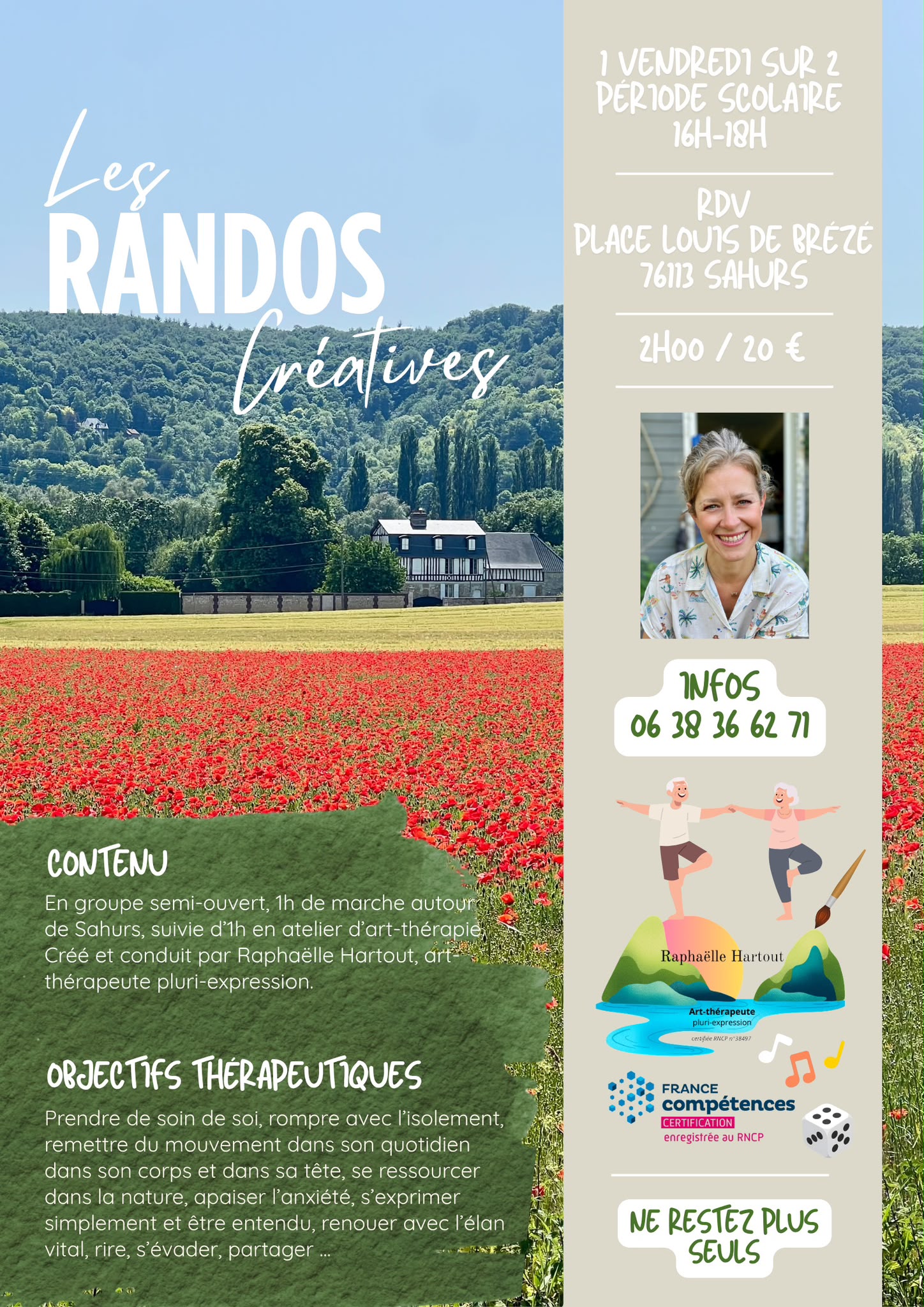 Affiche des Randos Créatives : 1 vendredi sur 2 en période scolaire à Sahurs, 2 h pour 20 €, rendez-vous place Louis de Brézé